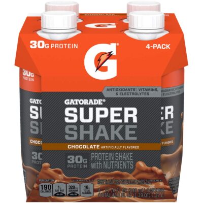 Gatorade Super Shake, Chocolate, 30g Protein, 11.6 Fl oz Carton, Pack of 4