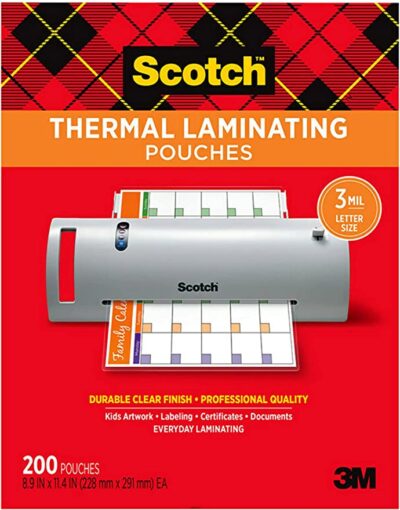 Scotch Thermal Laminating Pouches, 200 Pack Laminating Sheets, 3 Mil, 8.9 x 11.4 Inches, Education Supplies & Craft Supplies, For Use With Thermal Laminators, Letter Size Sheets (TP3854-200)