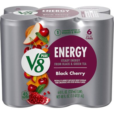 V8 +ENERGY Black Cherry Energy Drink, Made with Real Vegetable and Fruit Juices, 8 FL OZ Can (Pack of 6)